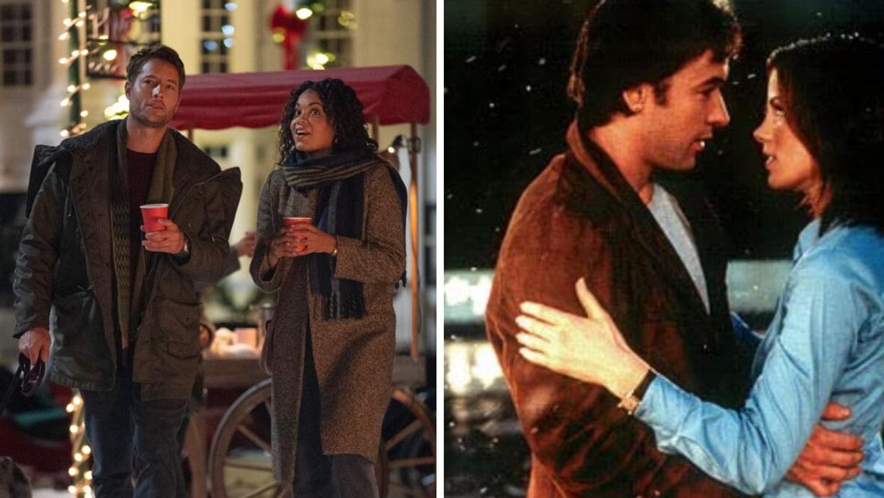 Justin Hartley and Barrett Doss in "The Noel Diary." Right: John Cusack and Kate Beckinsale in "Serendipity."