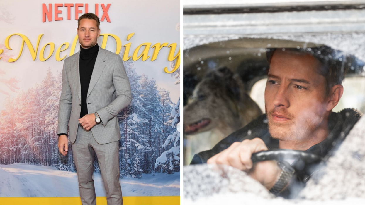 Justin Hartley at the 'The Noel Diary' red carpet. Right: Justin Hartley in the movie.