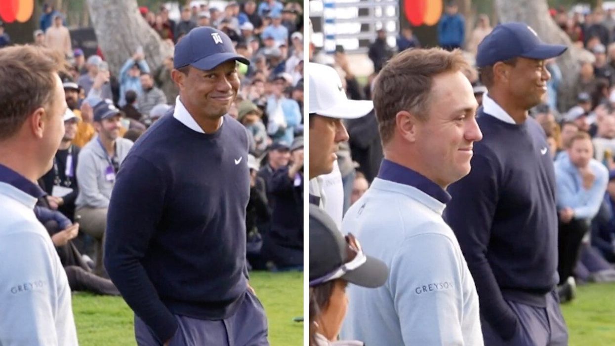 Justin Thomas and Tiger Woods exchange a look at the Genesis Invitational tournament in California.