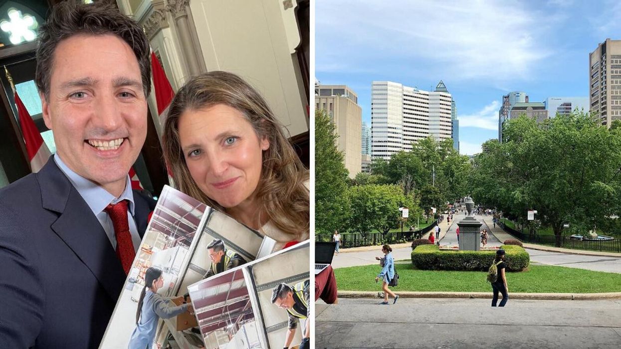 Justin Trudeau and Chrystia Freeland holding the new 2022 Fall Economic Statement. Right: Students on the McGill University campus.