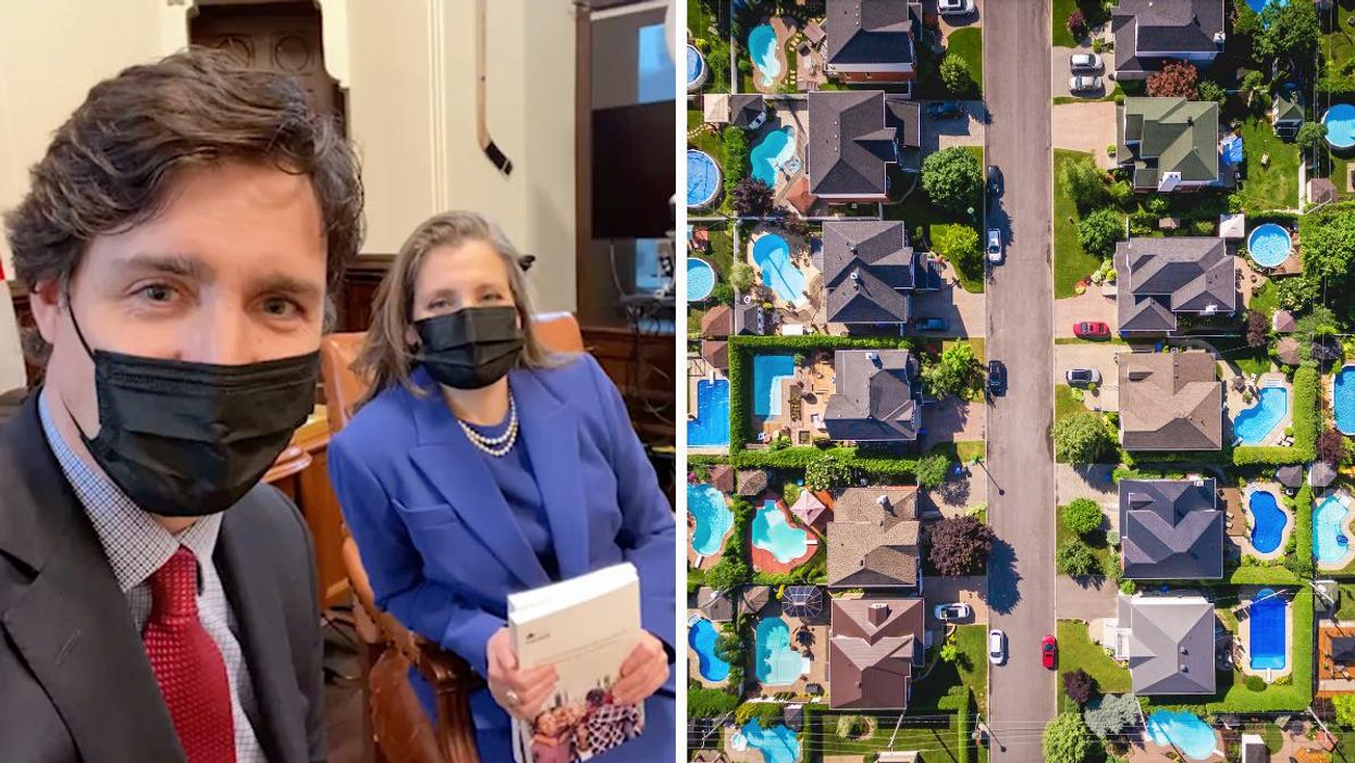 Justin Trudeau and Chrystia Freeland. Right: A row of houses from above.
