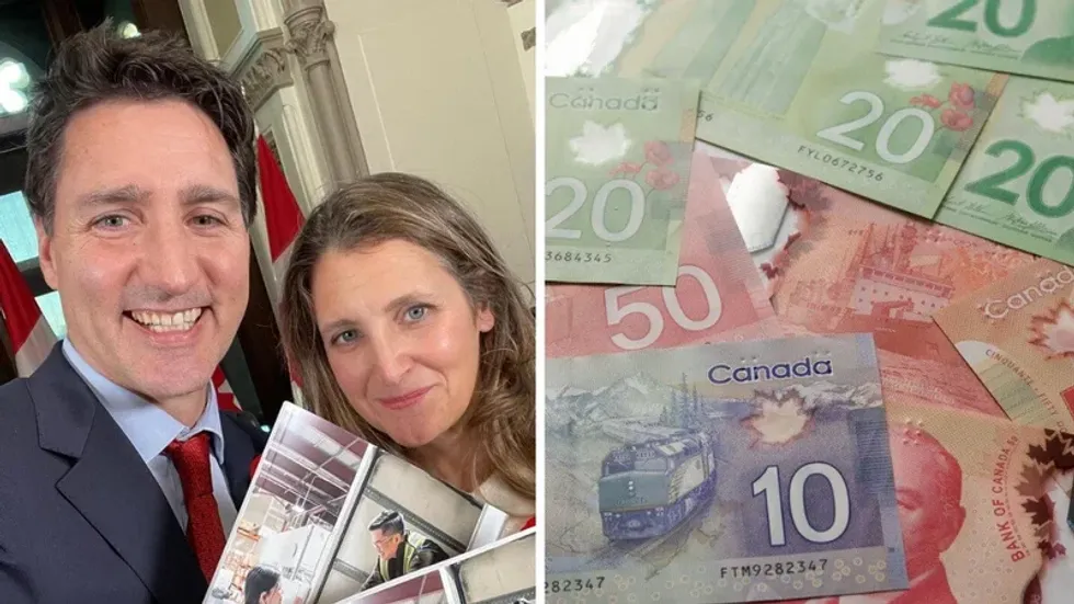 Justin Trudeau and Chrystia Freeland. Right: Canadian dollars.