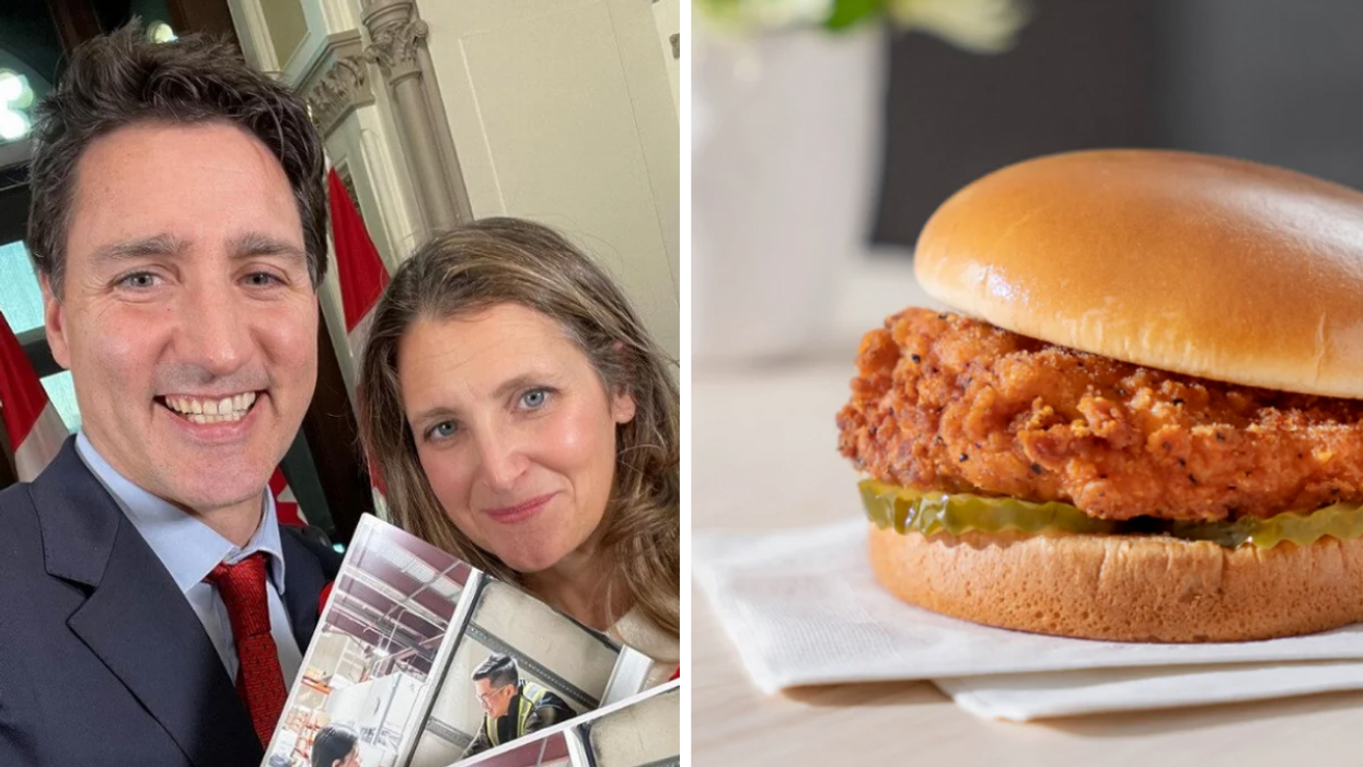 Justin Trudeau and Chrystia Freeland. Right: Spicy fried chicken sandwich from Chick-fil-A.