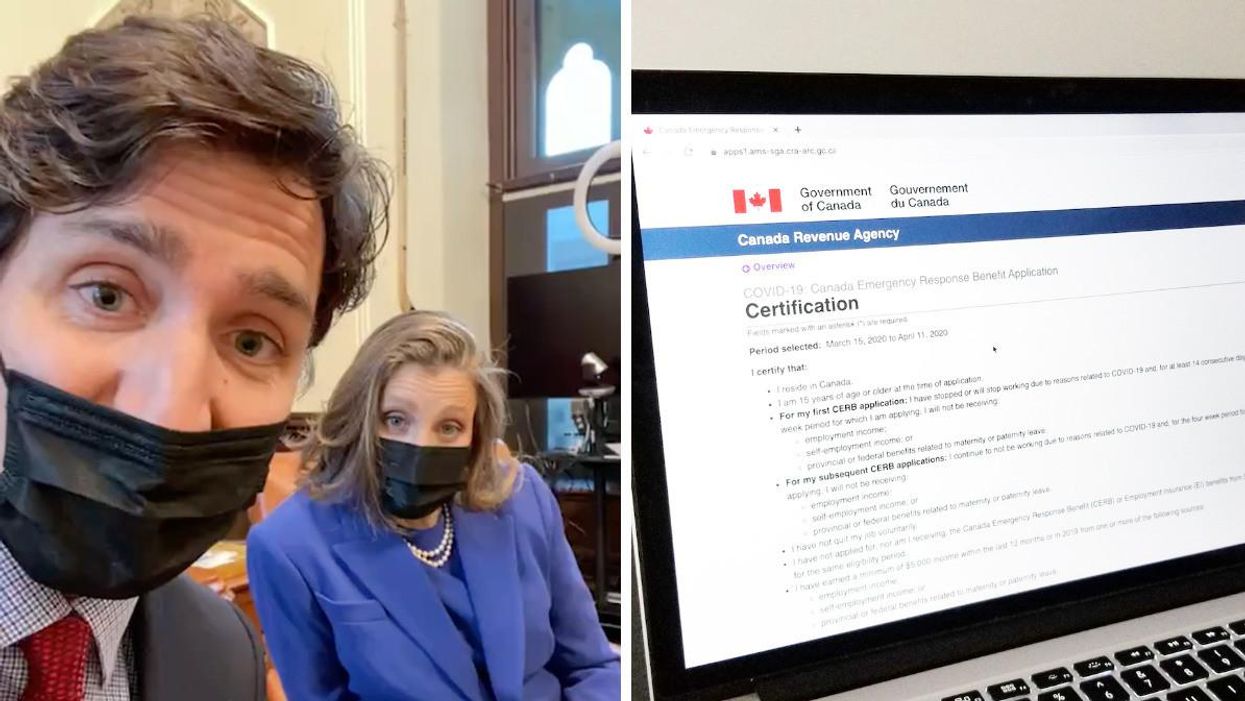 Justin Trudeau and Chrystia Freeland smiling for a selfie. Right: A laptop screen showing COVID-19 benefits.