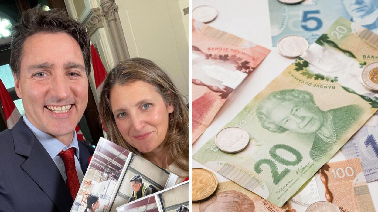 Justin Trudeau and Chrystia Freeland take a selfie. Right: Canadian money.