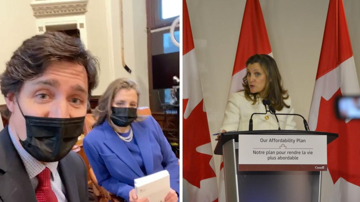 Justin Trudeau and Chrystia Freeland take a selfie. Right: Chrystia Freeland announces the 2022 Affordability Plan.