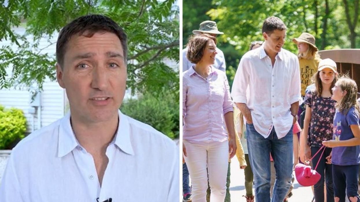 Justin Trudeau and his new haircut. Right: Trudeau with his new haircut talking to some children.