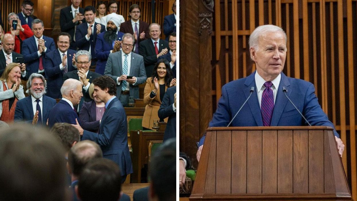 Justin Trudeau and Joe Biden shaking hands in the House of Commons. Right: Joe Biden giving a speech in the House of Commons.