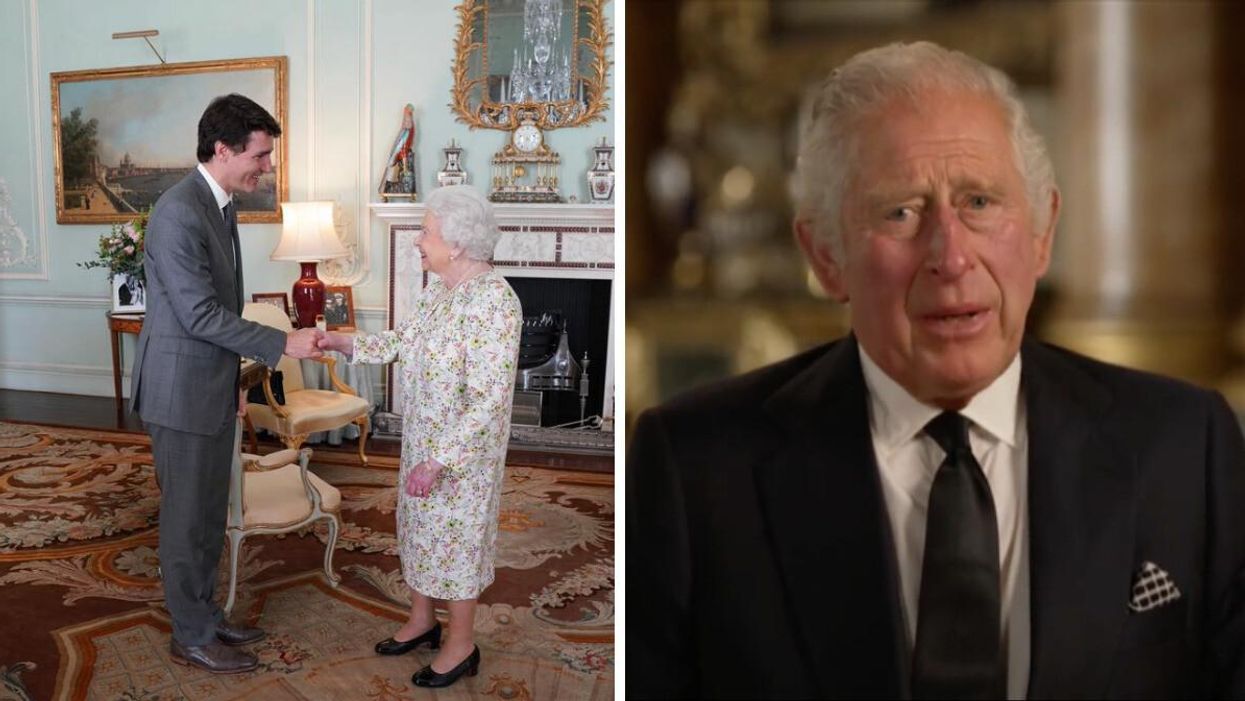 Justin Trudeau and Queen Elizabeth II. Right: King Charles III.
