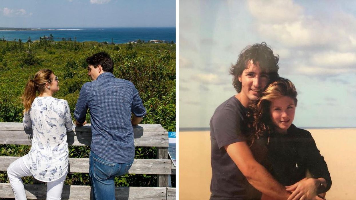 Justin Trudeau and Sophie Grégoire Trudeau in Nova Scotia in 2022. Right: Trudeau and Grégoire Trudeau when they were younger.