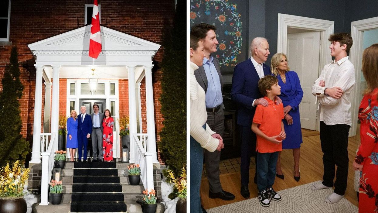 Justin Trudeau and Sophie Grégoire Trudeau outside Rideau Cottage with Joe and Jill Biden. Right: Trudeau kids with the Bidens.