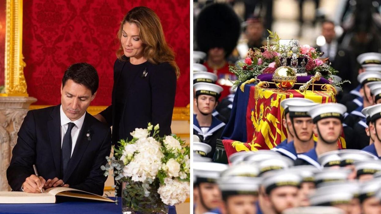 Justin Trudeau and Sophie Grégoire Trudeau. Right: Queen Elizabeth II's casket.