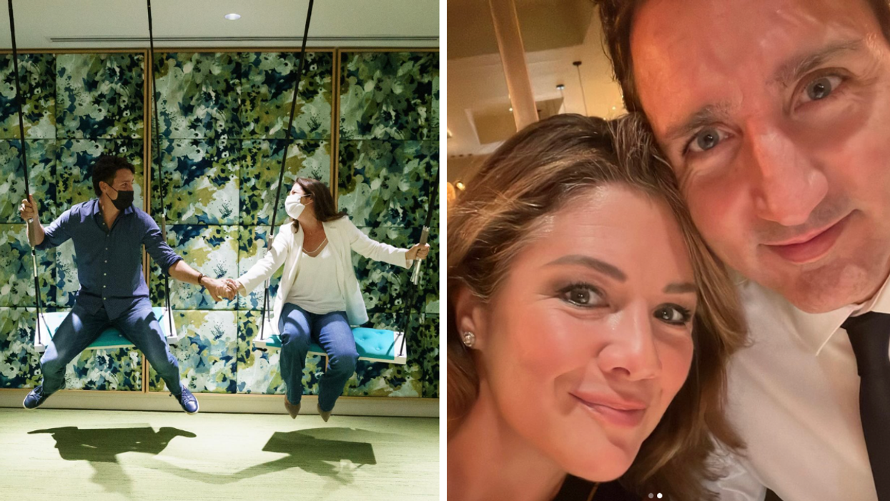 Justin Trudeau and Sophie Grégoire Trudeau sit on swings together. Right: The couple takes a selfie.