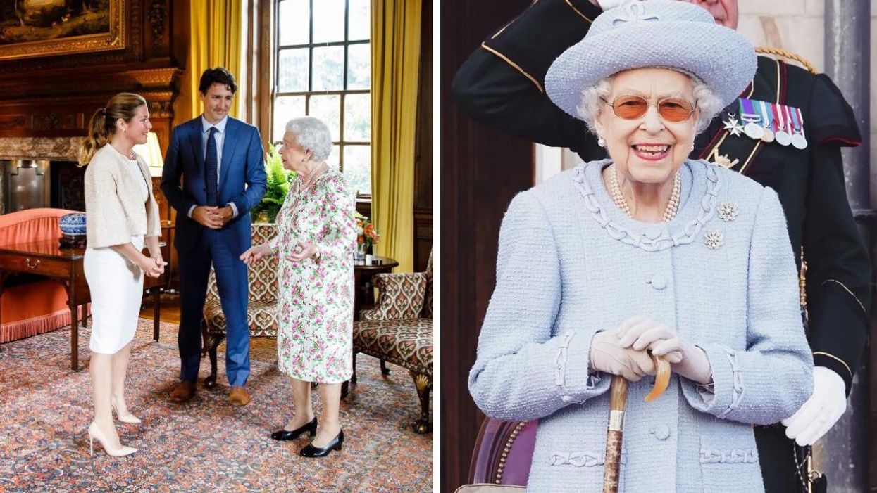 Justin Trudeau and Sophie Grégoire with Queen Elizabeth II. Right: Queen Elizabeth II.
