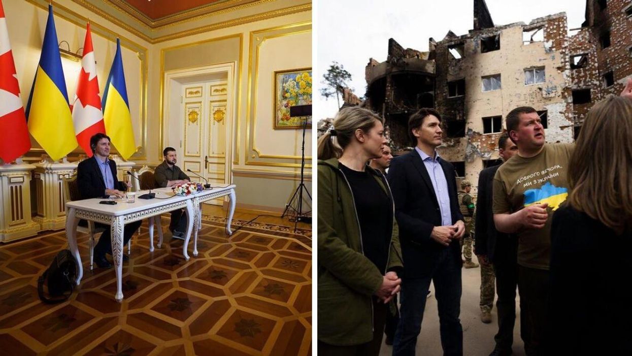 Justin Trudeau and Ukrainian President Volodymyr Zelenskyy. Right: Trudeau in Ukraine, looking at damaged buildings.