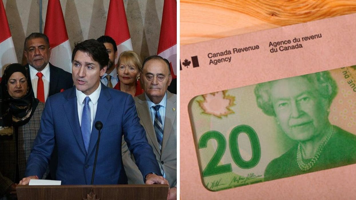 Justin Trudeau at a press conference. Right: A CRA envelope with Canadian cash inside (both illustrative only).