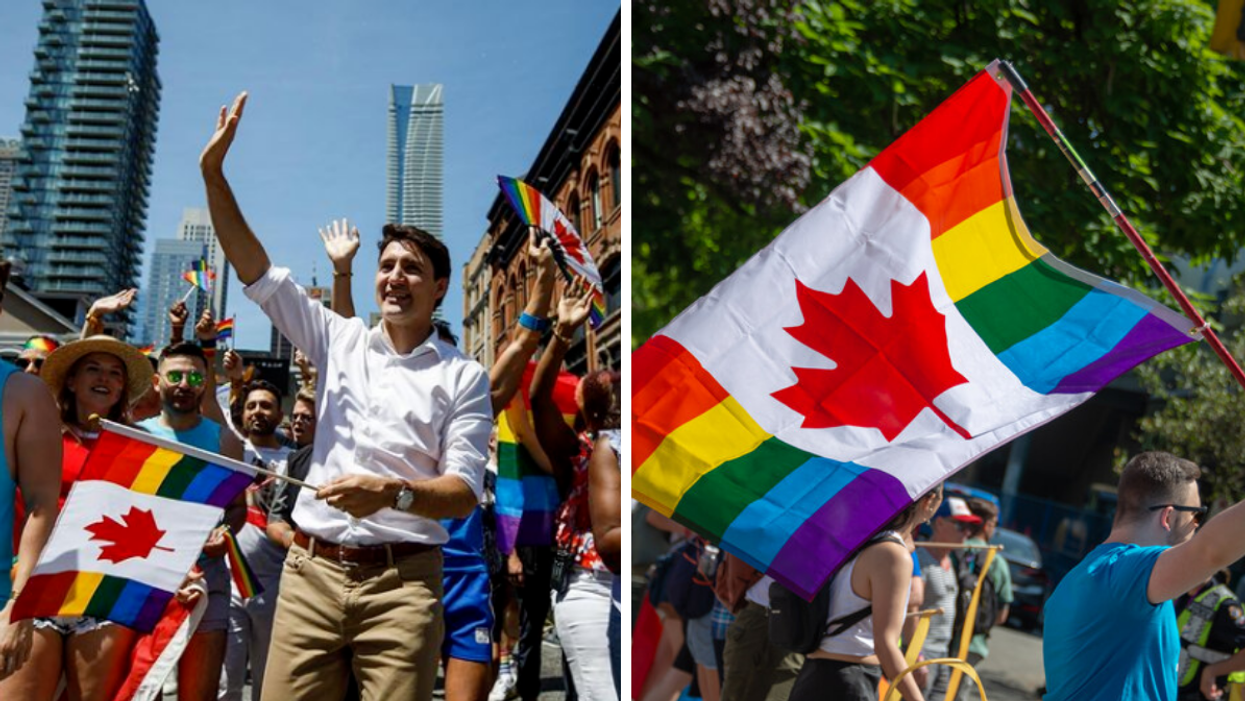 Justin Trudeau at a Toronto Pride event. Right: A man holds a rainblow flag with the Canadian maple leaf.
