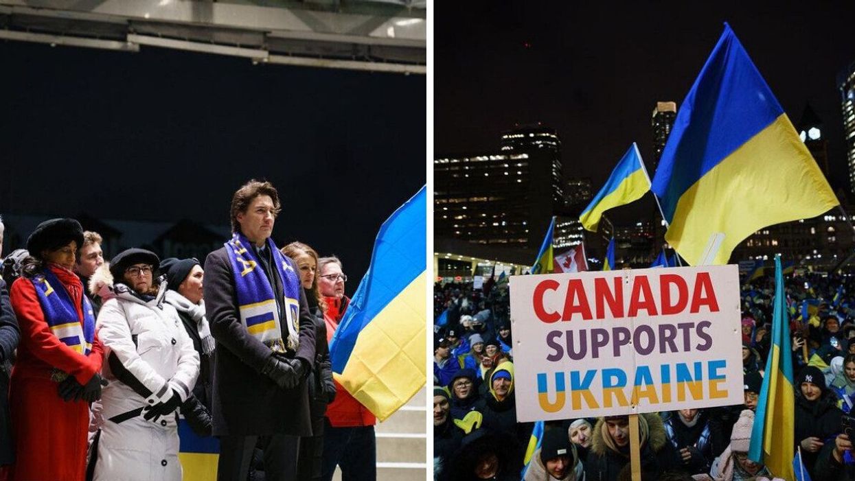 Justin Trudeau at a vigil for Ukraine in Toronto. Right: People holding up Ukrainian flags and a sign that says "Canada supports Ukraine."