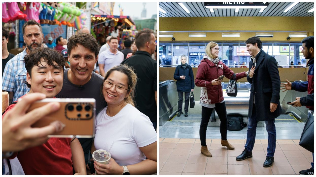 Justin Trudeau dans une foule. À droite : Justin Trudeau dans le métro.