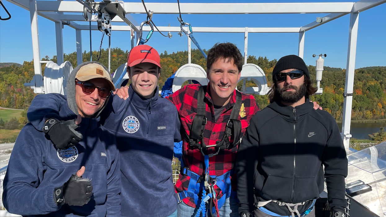 Justin Trudeau doing a bungee jump with Great Canadian Bungee.