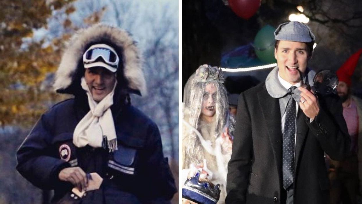Justin Trudeau dressed as Han Solo for Halloween. Right: Justin Trudeau dressed as Sherlock Holmes for Halloween.