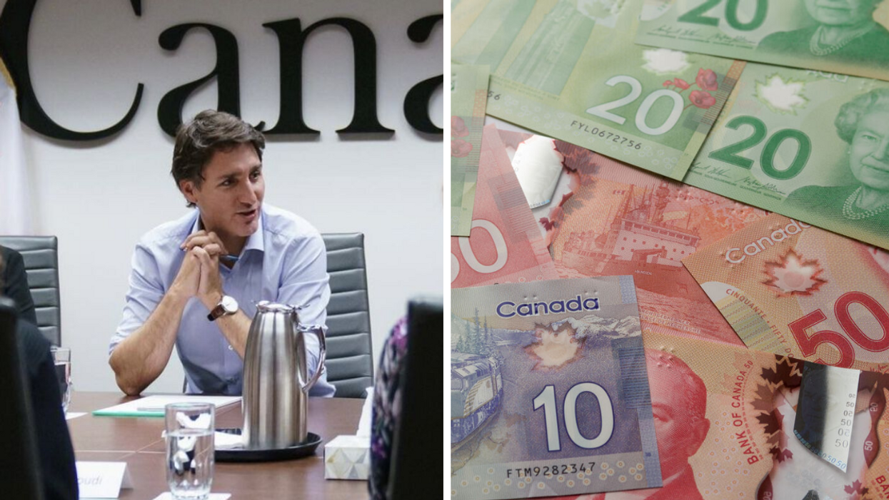 Justin Trudeau. Droite : Argent canadien.