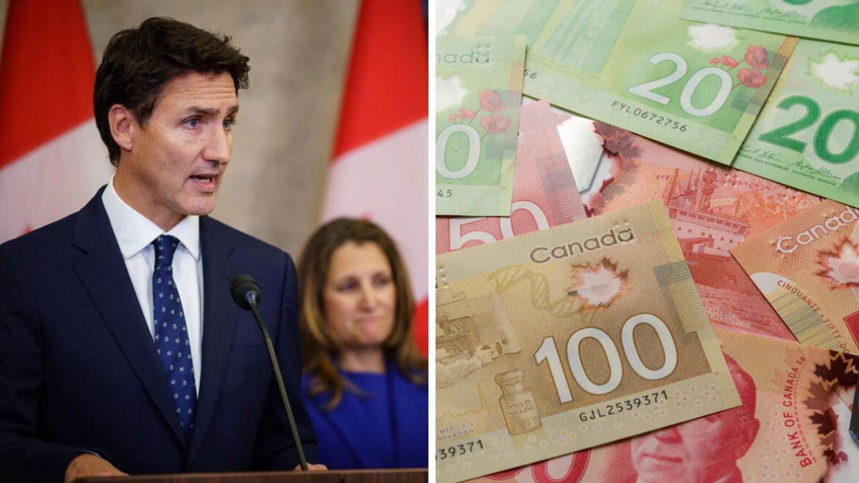 Justin Trudeau. Droite : Argent canadien.