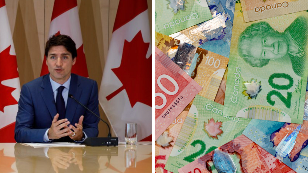 Justin Trudeau. Droite : De l'argent canadien.