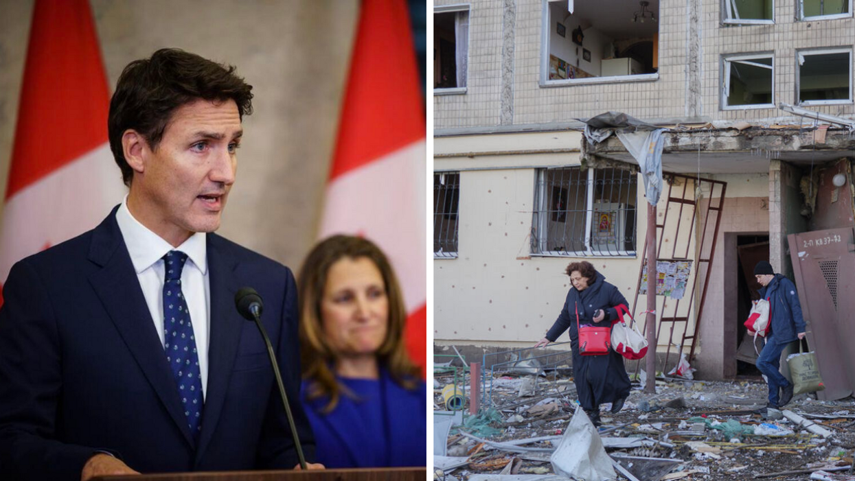 Justin Trudeau. Droite : Immeuble détruit durant la guerre en Ukraine.