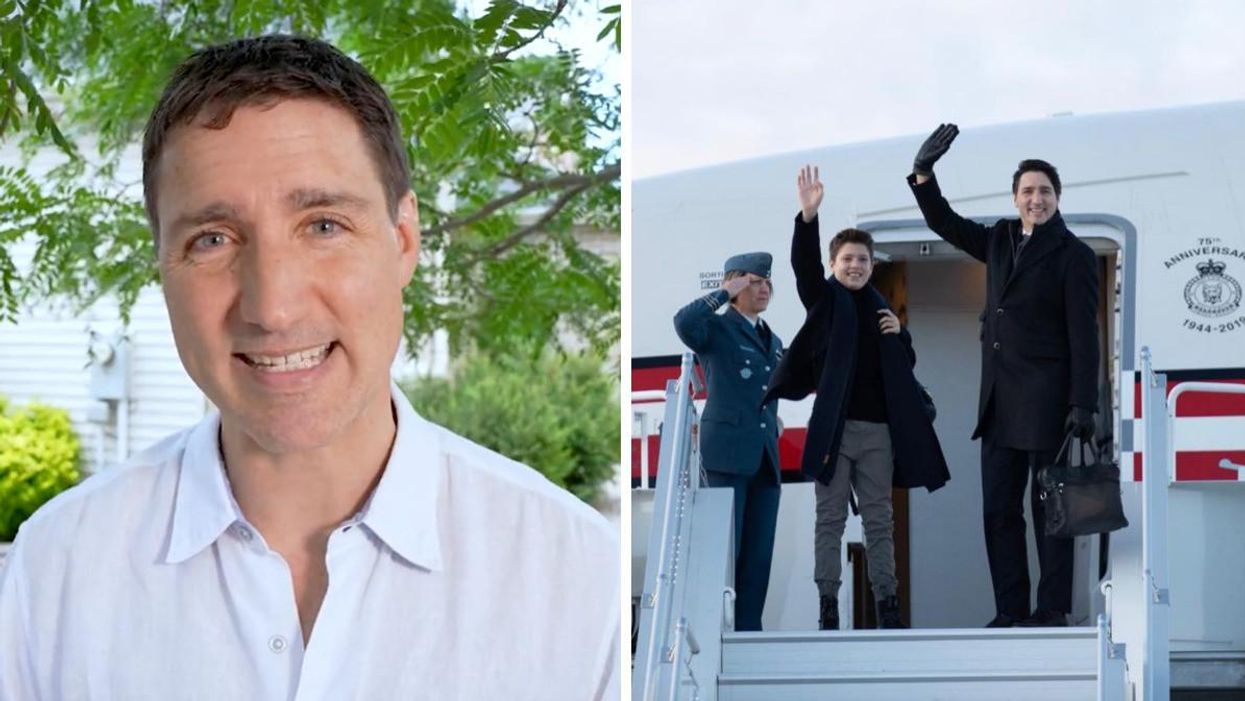 Justin Trudeau. Droite : Justin Trudeau et son fils aîné.