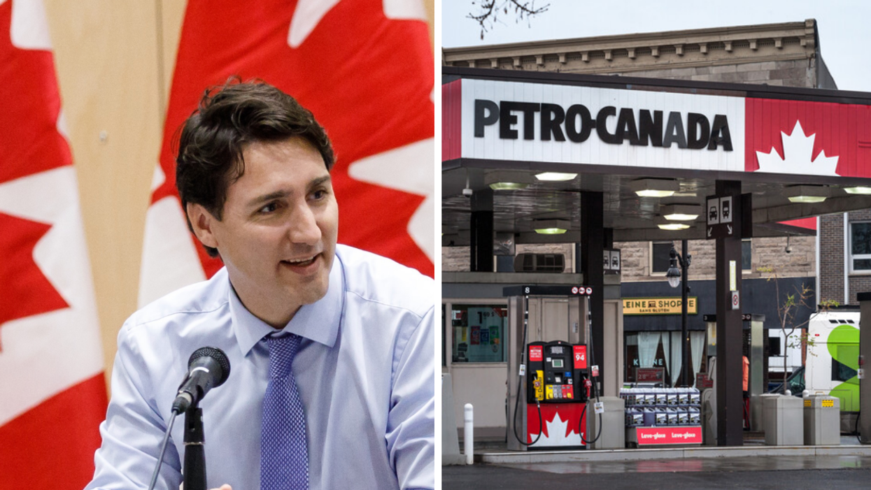 Justin Trudeau. Droite: station-service