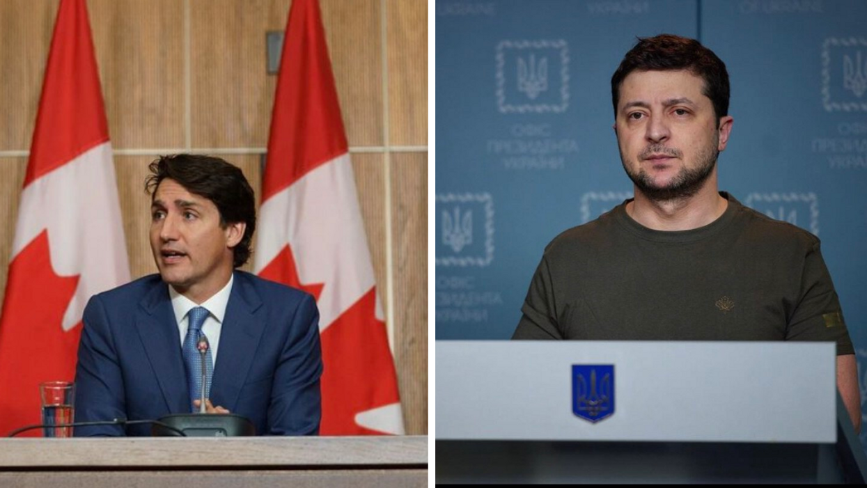 Justin Trudeau. Droite : Volodymyr Zelensky, président de l'Ukraine.