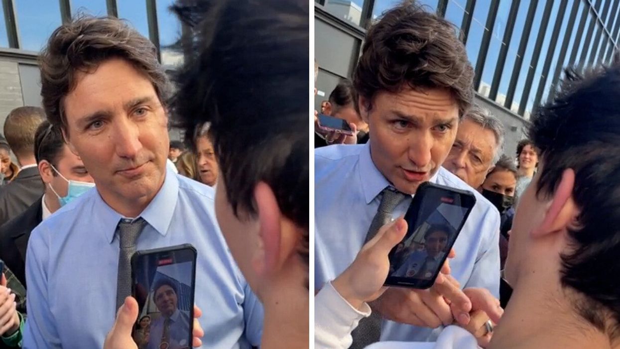 Justin Trudeau during a conversation with someone at the University of Manitoba.