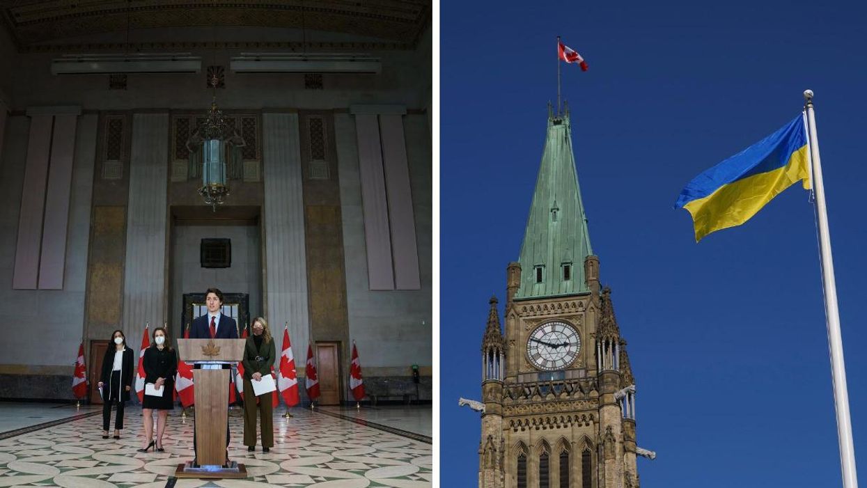 Justin Trudeau during a press conference on February 24. Left: Parliament Hill with the Ukrainian flag.