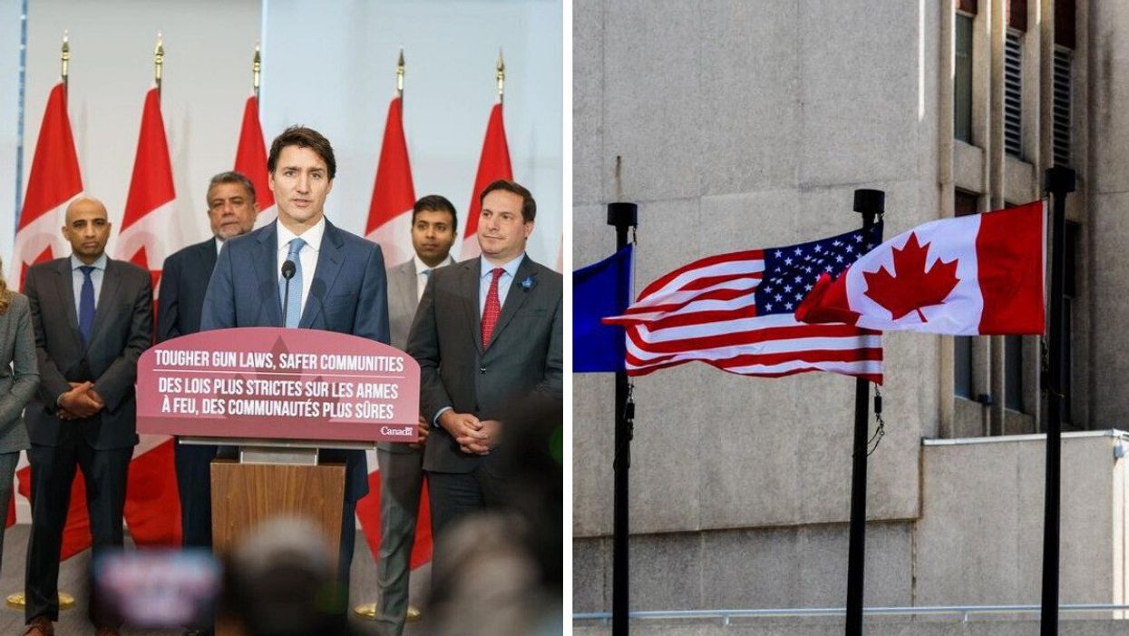 Justin Trudeau during government announcement. Right: Canadian and American flags in front of a building.