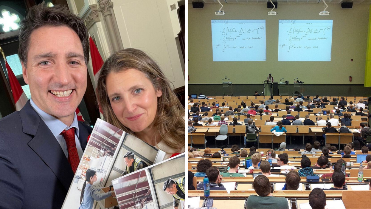 Justin Trudeau et Christya Freeland. Droite : Salle de classe.