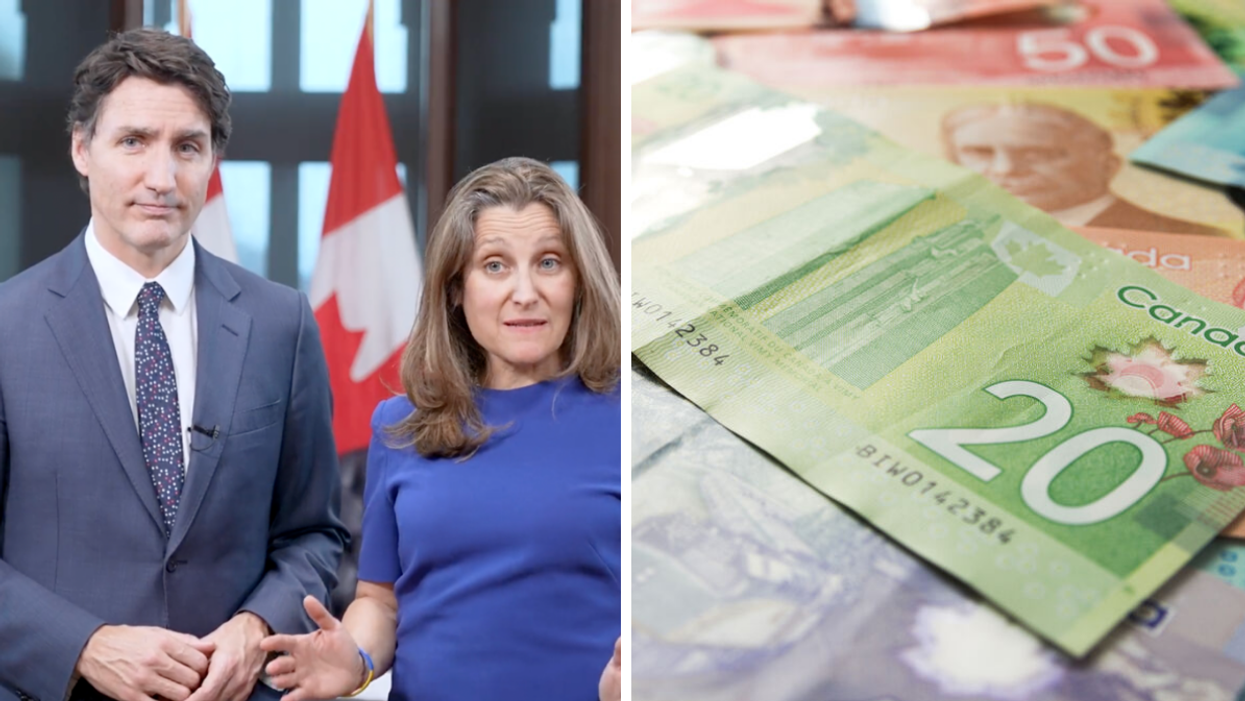Justin Trudeau et Chrystia Freeland. Droite : Argent canadien.