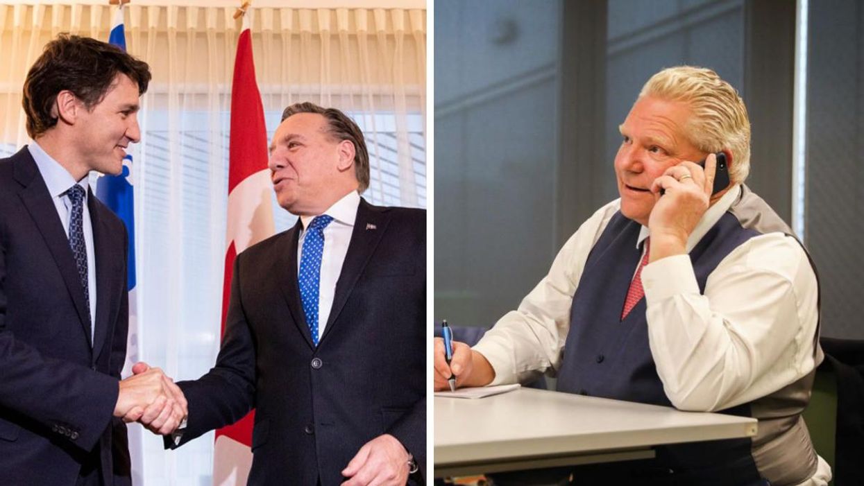 Justin Trudeau et François Legault. Droite : Doug Ford.