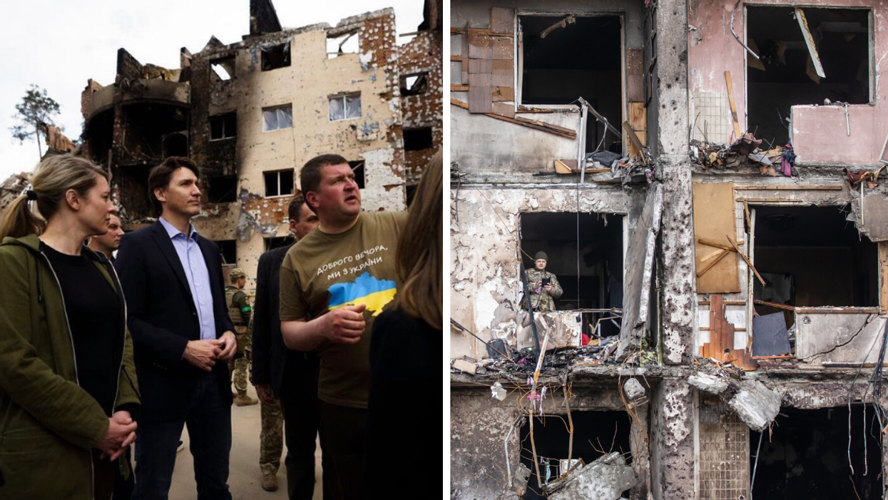 Justin Trudeau et Mélanie Joly en visite en Ukraine. Droite : Bâtiment détruit en Ukraine.