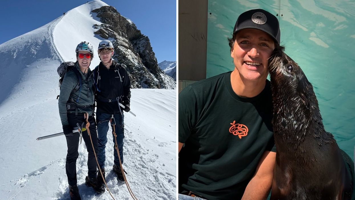 Justin Trudeau et son fils Xavier. Droite : Justin Trudeau et une otarie.