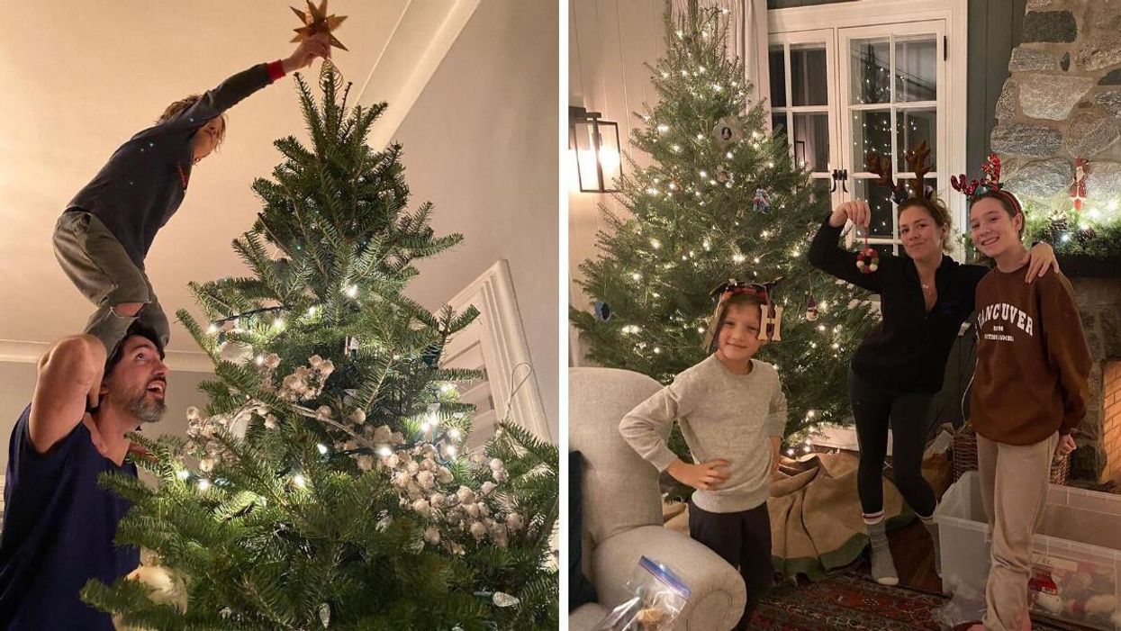 Justin Trudeau holding his youngest kid Hadrien on his shoulders while decorating a Christmas tree. Right: Sophie Grégoire Trudeau decorating the Christmas tree with Hadrien and Ella-Grace.