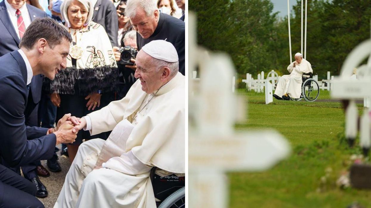 Justin Trudeau holding Pope Francis' hand. Right: Pope Francis sitting in a wheelchair in front of graves.