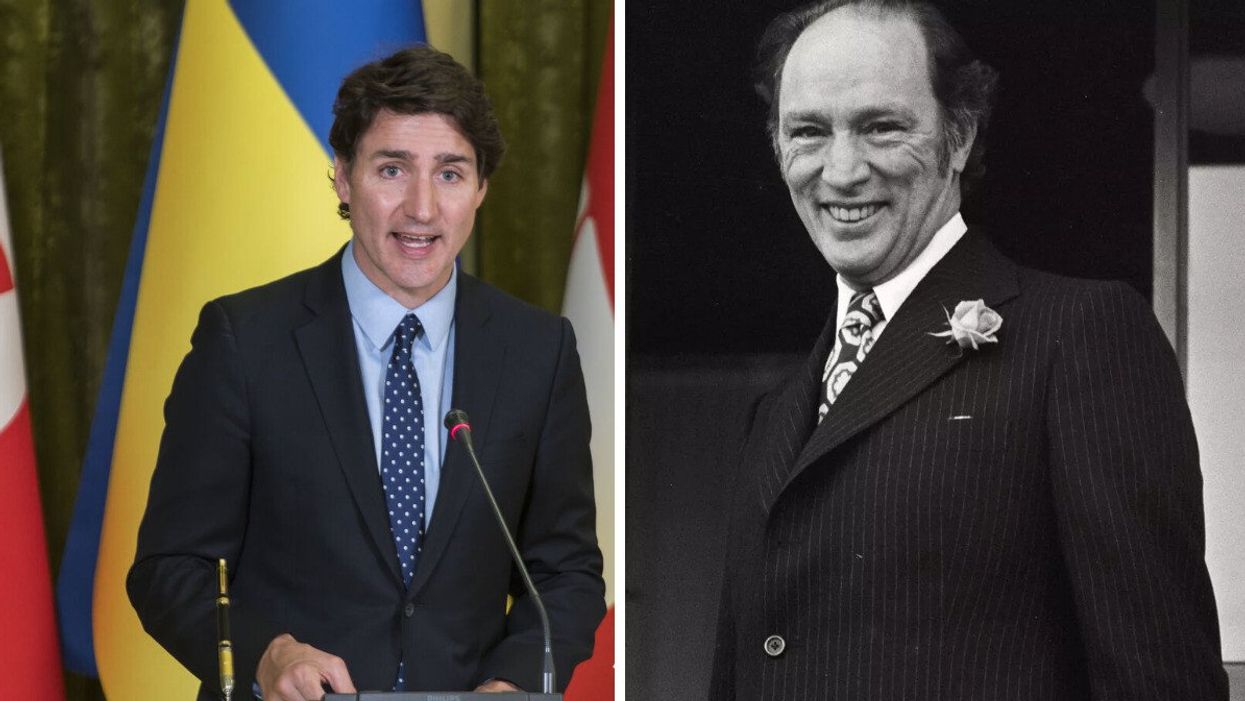 Justin Trudeau in Kyiv, Ukraine on June 10, 2023. Right: Pierre Trudeau.