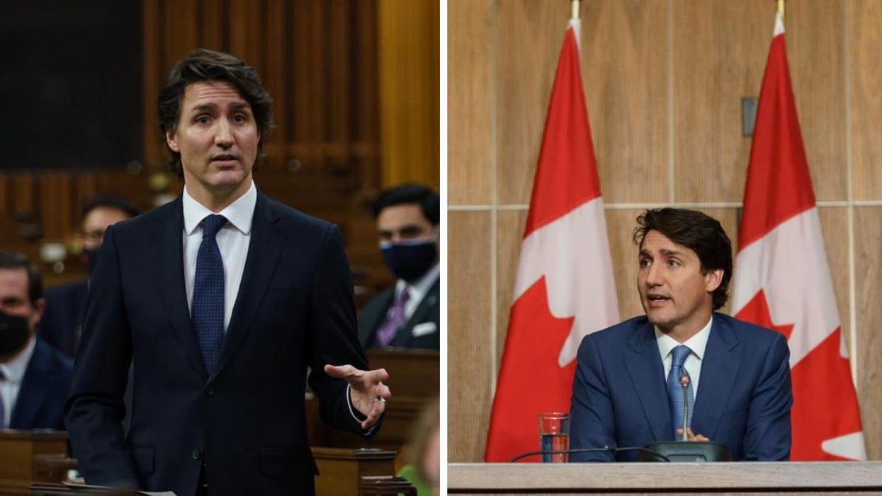 Justin Trudeau in the House of Commons. Right: Justin Trudeau speaking to reporters.