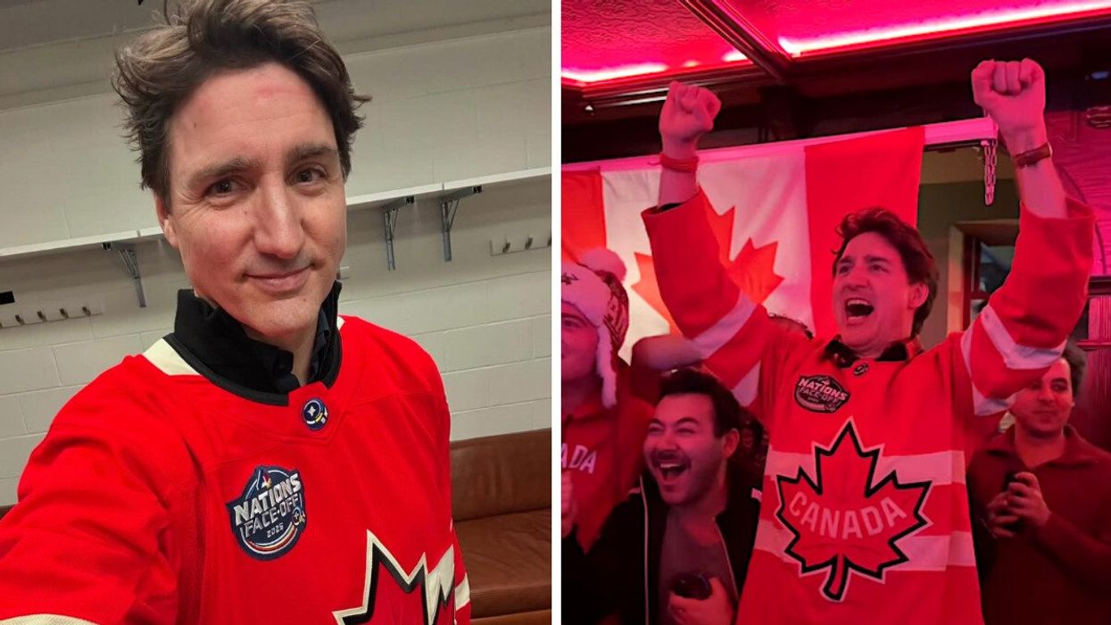 Justin Trudeau, le premier ministre du Canada. Droite: Justin Trudeau célèbre la victoire d'Équipe Canada.