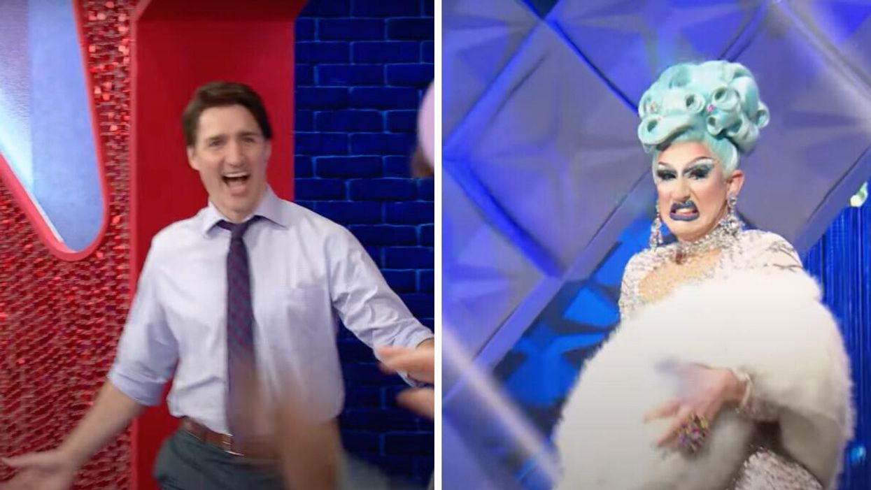 Justin Trudeau meeting the drag queens. Right: One of the show's contestants.