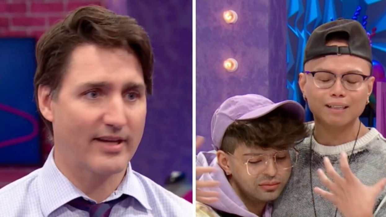Justin Trudeau on Canada's Drag Race: Canada vs the World. Right: Icesis Couture and Stephanie Prince after Trudeau's appearance on Canada's Drag Race.