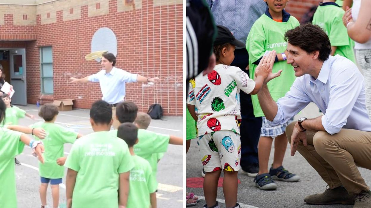 Justin Trudeau playing Simon Says with kids at a day camp in Ontario. Right: Trudeau high-fiving a kid at camp.