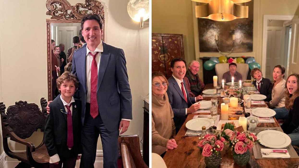 Justin Trudeau posing with his youngest child Hadrien. Right: Justin Trudeau and Sophie Grégoire Trudeau at the dinner table with their family.