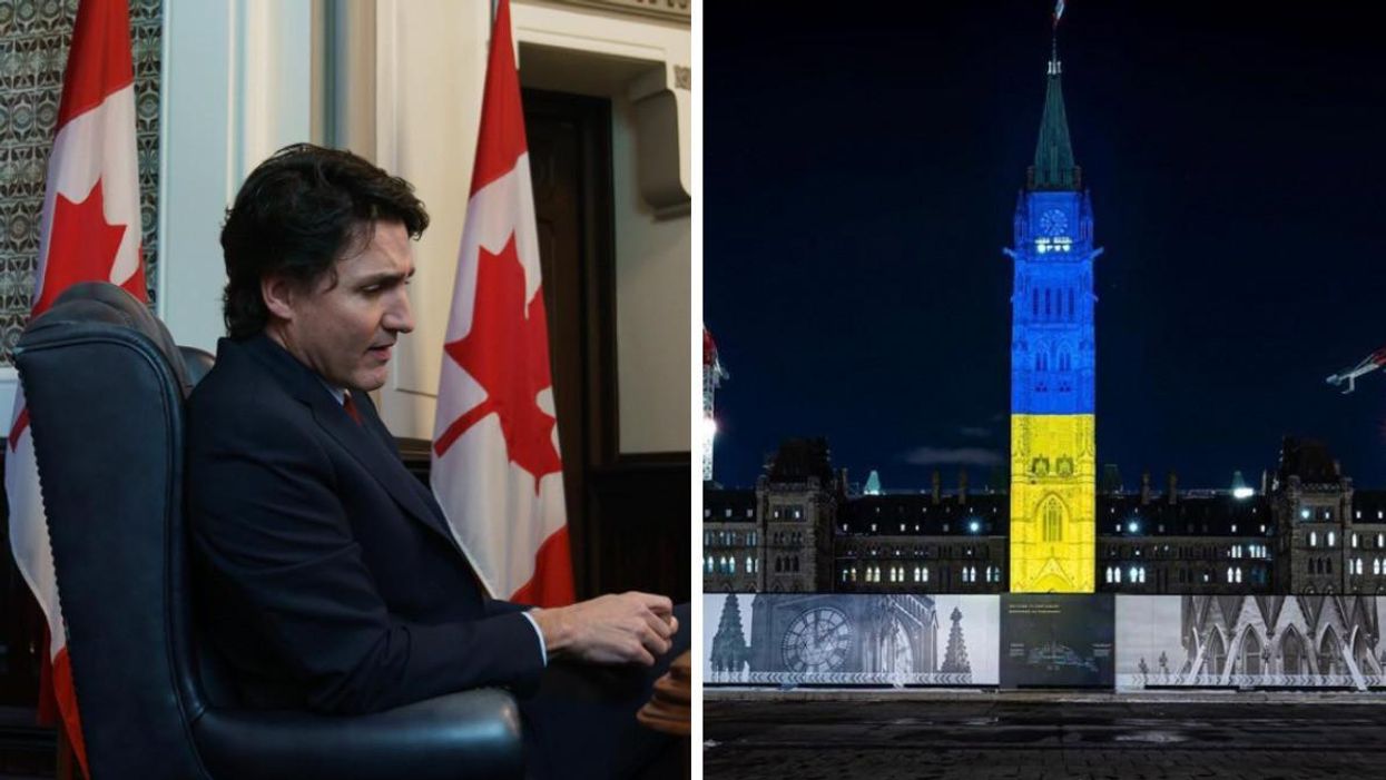 Justin Trudeau. Right: Canadian Parliament lit up in the colours of the Ukrainian flag.